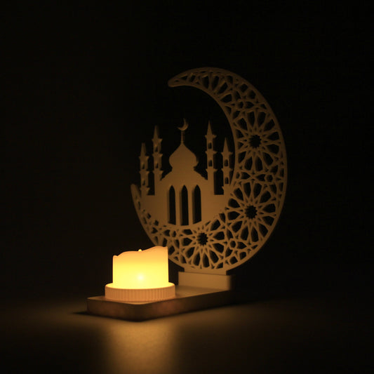 Islamic Crescent Candle Holder - 3D Printed Ramadan Decor with Included LED Candle